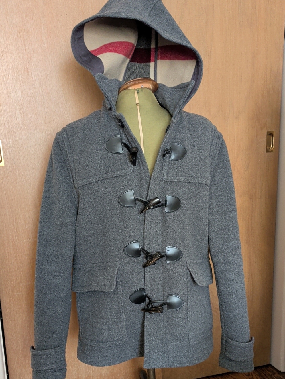 Burberry Gray Hooded Toggle Duffle Coat with Signature Check Trim